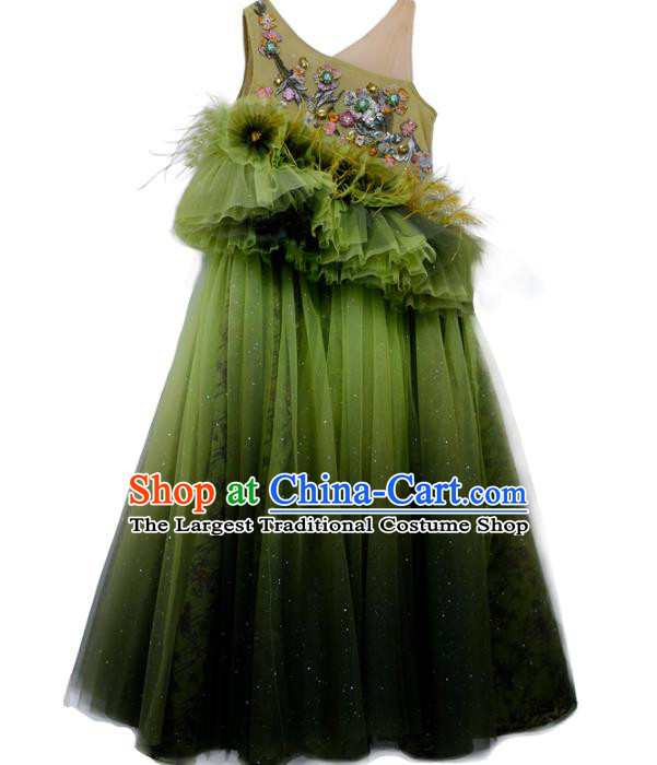 Top Children Princess Compere Green Veil Full Dress Catwalks Stage Show Dance Costume for Kids