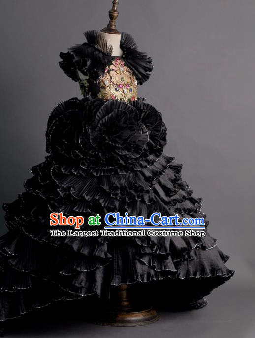 Top Children Cosplay Queen Black Full Dress Catwalks Compere Stage Show Dance Costume for Kids