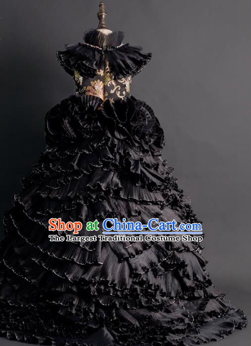 Top Children Cosplay Queen Black Full Dress Catwalks Compere Stage Show Dance Costume for Kids