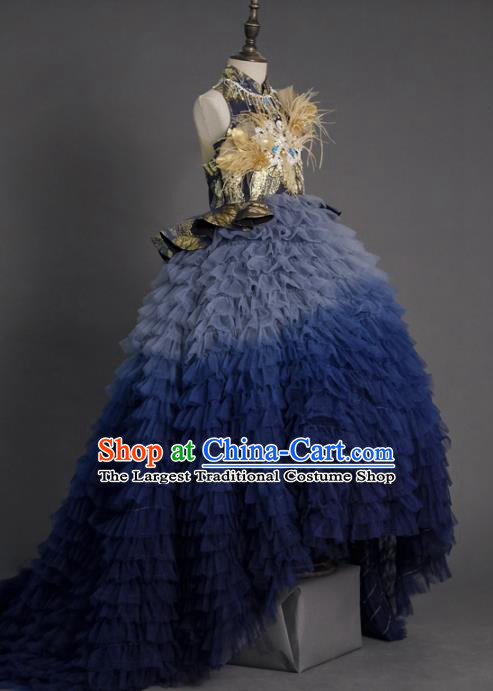Top Children Compere Deep Blue Veil Trailing Full Dress Catwalks Stage Show Dance Costume for Kids