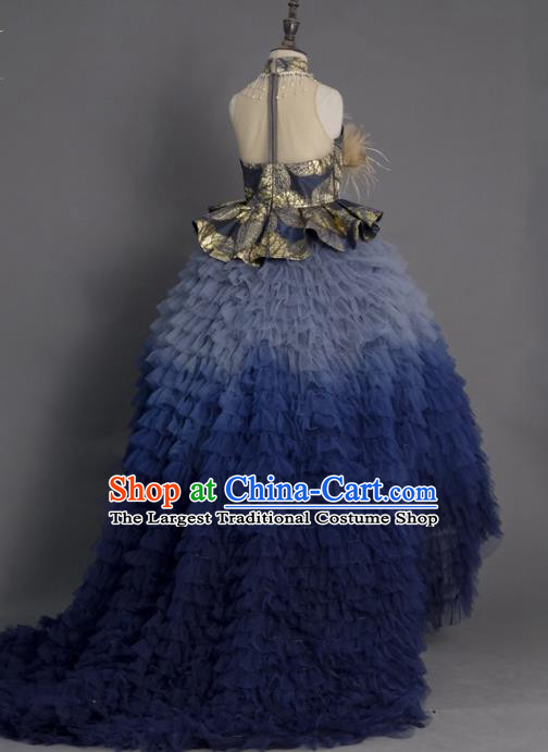 Top Children Compere Deep Blue Veil Trailing Full Dress Catwalks Stage Show Dance Costume for Kids