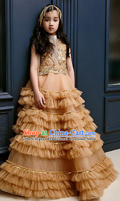 Top Children Fairy Princess Brown Bubble Full Dress Compere Catwalks Stage Show Dance Costume for Kids