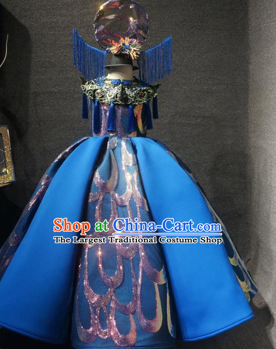 Traditional Chinese Performance New Year Deep Blue Dress Catwalks Compere Stage Show Costume for Kids