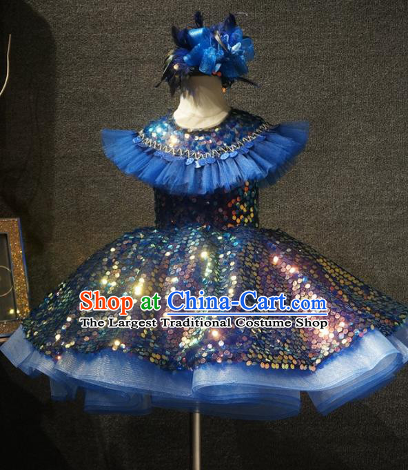 Top Children Dance Royalblue Short Paillette Dress Catwalks Princess Stage Show Birthday Costume for Kids