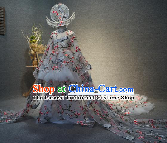Traditional Chinese Catwalks Embroidered Crane Grey Trailing Qipao Dress Compere Stage Performance Costume for Kids