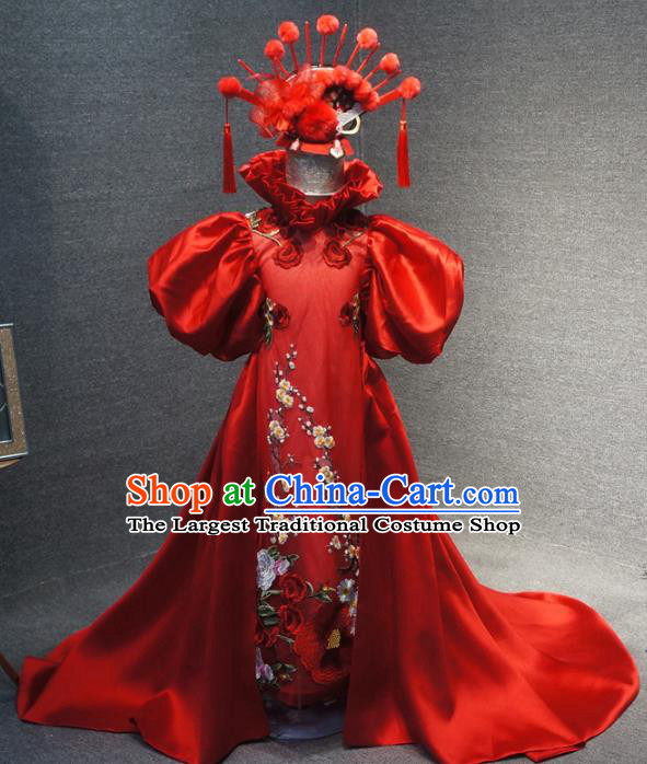 Traditional Chinese Catwalks Embroidered Plum Red Trailing Dress Compere Stage Performance Costume for Kids