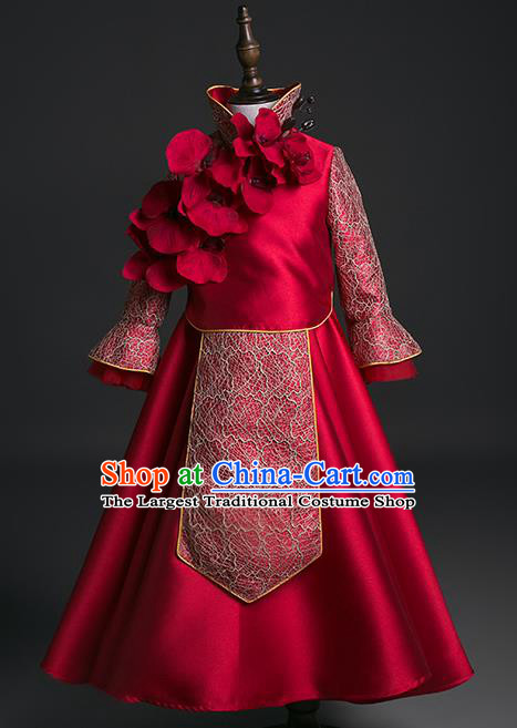 Traditional Chinese Girl Tang Suit Wine Red Dress Compere Stage Performance Costume for Kids