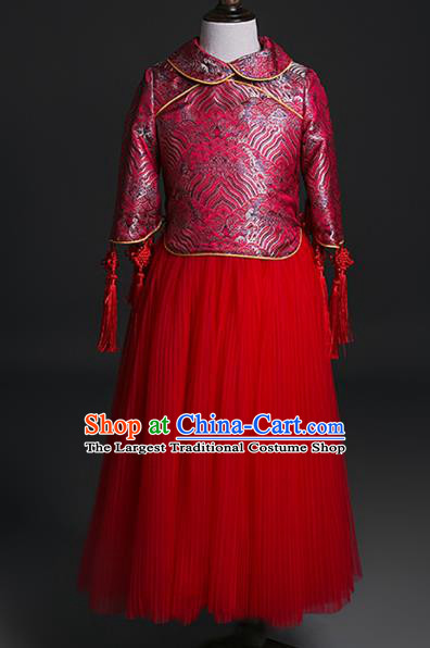 Traditional Chinese Girl Tang Suit Red Veil Dress Compere Stage Performance Costume for Kids
