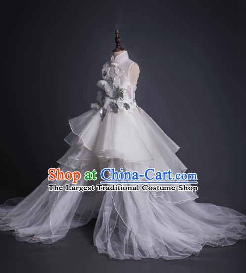 Top Children Cosplay Queen White Veil Trailing Full Dress Compere Catwalks Stage Show Dance Costume for Kids