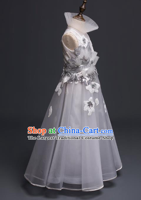 Top Children Cosplay Princess Grey Veil Long Dress Compere Catwalks Stage Show Dance Costume for Kids