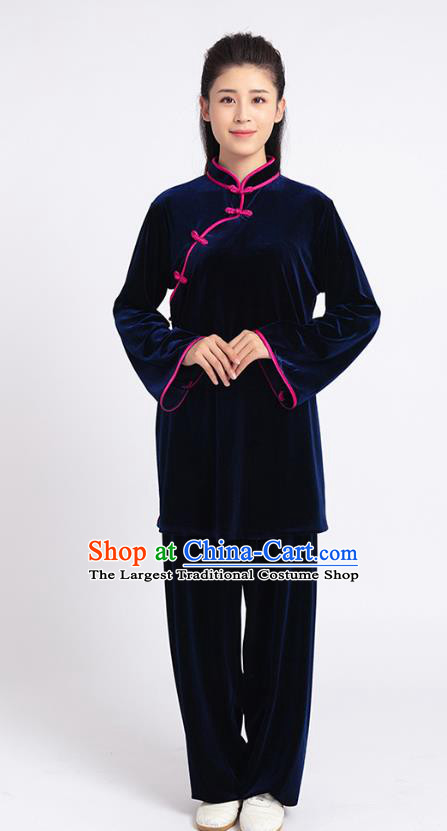 Top Tai Chi Kung Fu Competition Navy Pleuche Outfits Chinese Traditional Martial Arts Costumes for Women