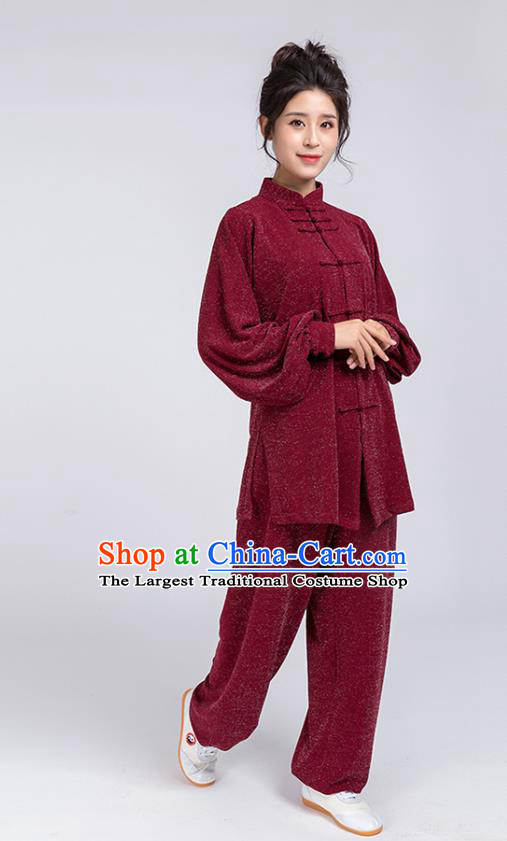 Top Chinese Tai Chi Training Wine Red Outfits Traditional Kung Fu Martial Arts Competition Costumes for Women