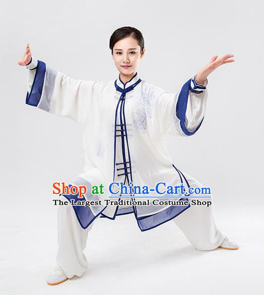 Top Chinese Martial Arts Printing Blue Outfits Traditional Tai Chi Kung Fu Training Costumes for Women