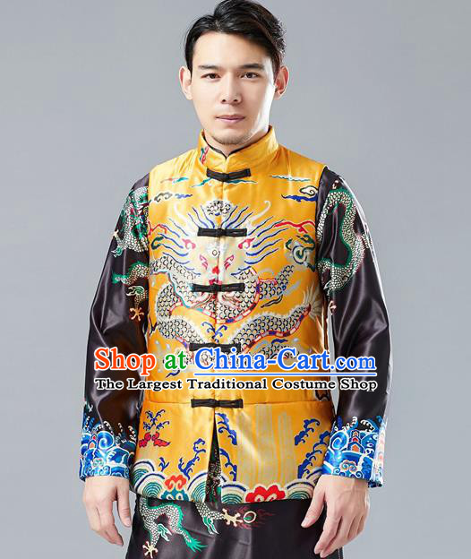 Chinese Tang Suit Printing Dragon Yellow Cotton Padded Vest Traditional Tai Chi Waistcoat Upper Outer Garment Costume for Men