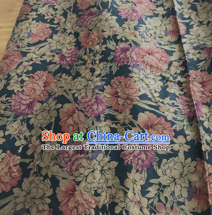 Chinese Traditional Flowers Design Pattern Navy Silk Fabric Cheongsam Mulberry Silk Drapery