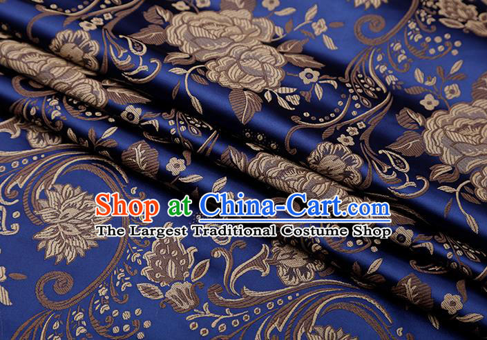 Chinese Traditional Twine Peony Lotus Pattern Navy Brocade Fabric Cheongsam Tapestry Drapery