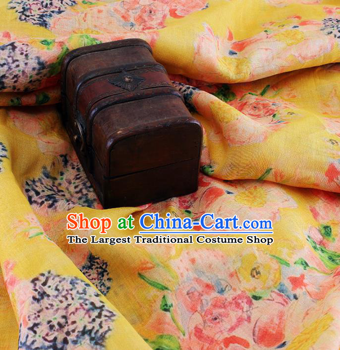 Chinese Traditional Flowers Design Pattern Yellow Ramie Fabric Cheongsam Ramee Drapery