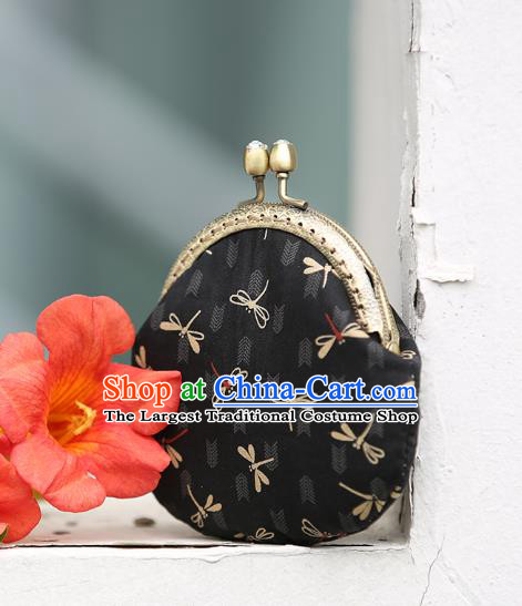 Chinese Traditional Dragonfly Pattern Black Brocade Wallet Handmade Cheongsam Handbag for Women