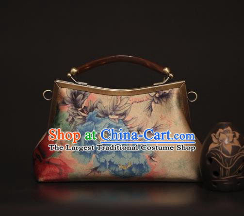 Chinese Traditional Peony Flowers Pattern Beige Brocade Bag Handmade Cheongsam Silk Handbag for Women