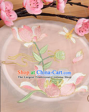 Chinese Traditional Embroidered Lotus Pink Chiffon Applique Accessories Embroidery Patch