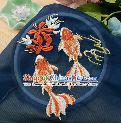 Chinese Traditional Embroidered Goldfish Navy Chiffon Applique Accessories Embroidery Patch