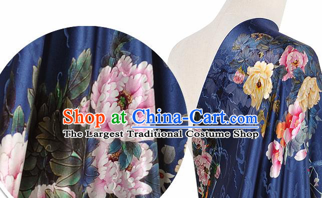 Chinese Classical Peony Pattern Design Navy Silk Fabric Asian Traditional Hanfu Mulberry Silk Material