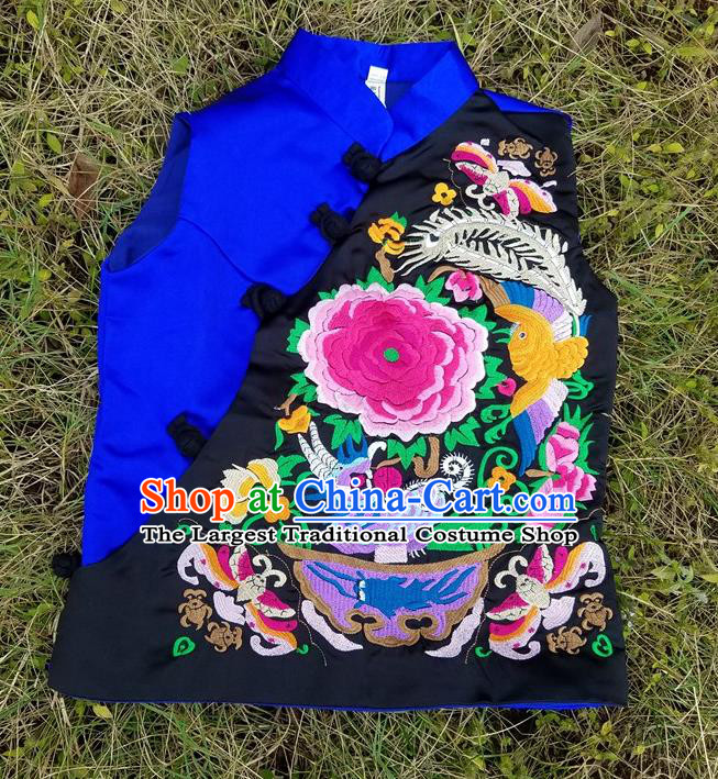 Traditional Chinese Embroidered Peony Royalblue Vest Handmade National Upper Outer Garment Costume for Women