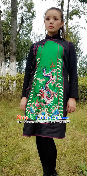 Traditional Chinese Embroidered Dragon Green Dress National Sleeveless Cheongsam Costume for Women
