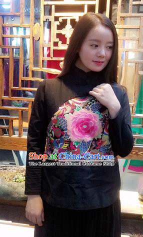 Traditional Chinese Black Flax Vest National Embroidered Peony Waistcoat Costume for Women