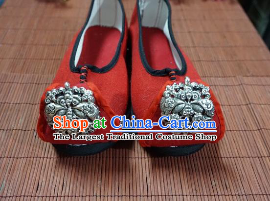 Traditional Chinese Handmade Ethnic Miao Silver Butterfly Red Shoes Yunnan National Shoes Wedding Shoes for Women