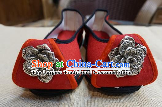 Traditional Chinese Ethnic Silver Carving Red Shoes Embroidered Shoes Yunnan National Wedding Shoes for Women