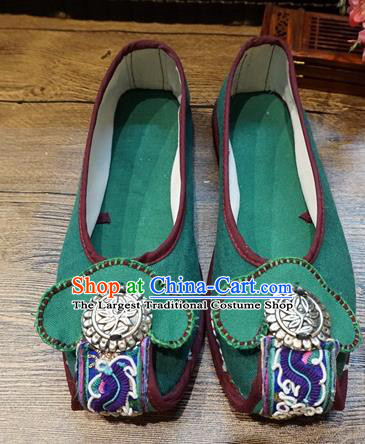 Traditional Chinese Ethnic Silver Green Shoes Embroidered Shoes Yunnan National Wedding Shoes for Women