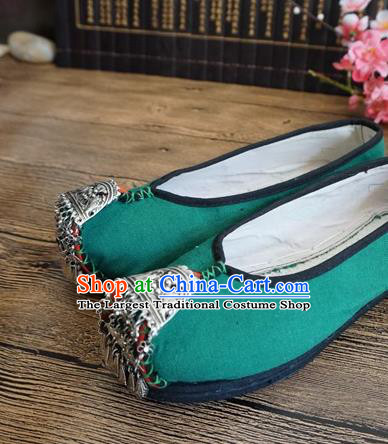 Traditional Chinese Handmade Silver Green Cloth Shoes Yunnan National Shoes Embroidered Shoes for Women