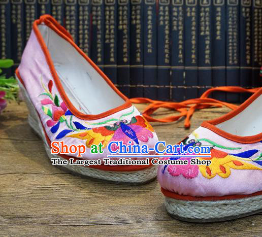 Traditional Chinese Embroidered Butterfly Pink Wedge Shoes National Wedding Shoes Hanfu Shoes for Women