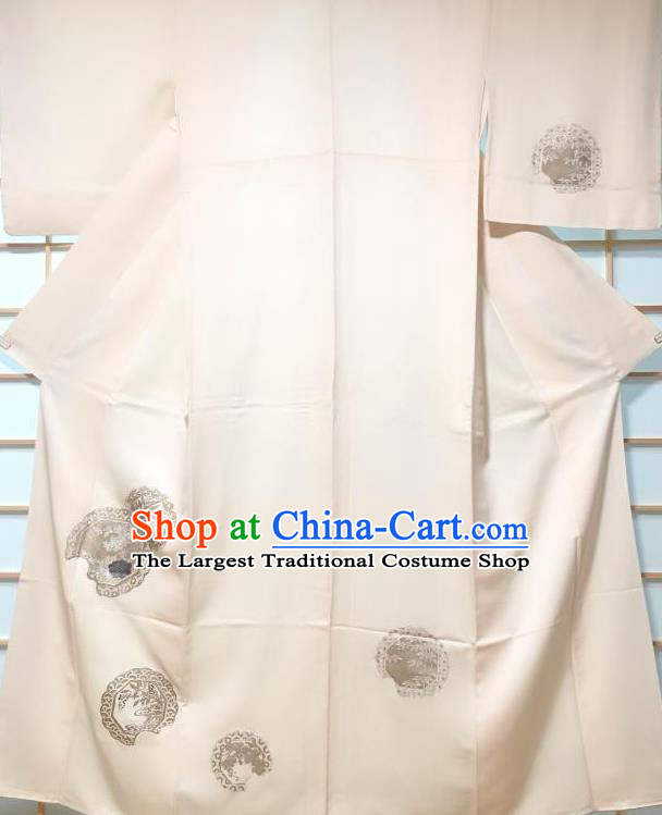 Traditional Japanese Printing Beige Furisode Kimono Japan Yukata Dress Costume for Women