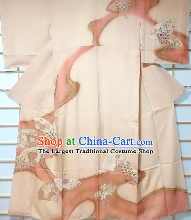 Traditional Japanese Classical Peony Fan Pattern Beige Furisode Kimono Japan Yukata Dress Costume for Women