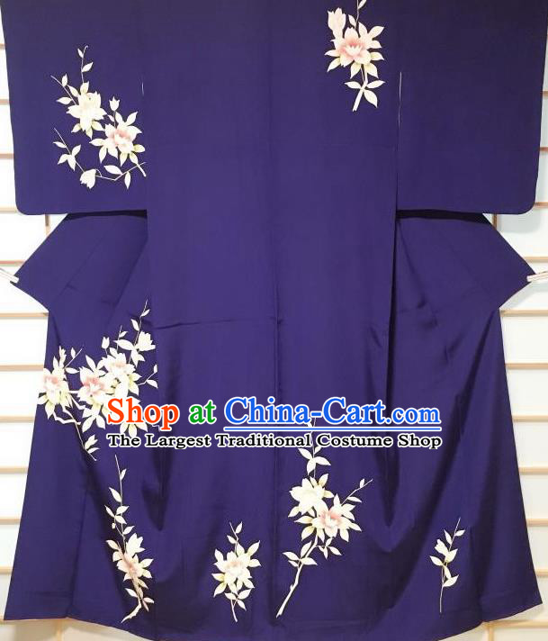 Japanese Traditional Flowers Pattern Deep Blue Silk Tsukesage Kimono Japan Yukata Dress Costume for Women