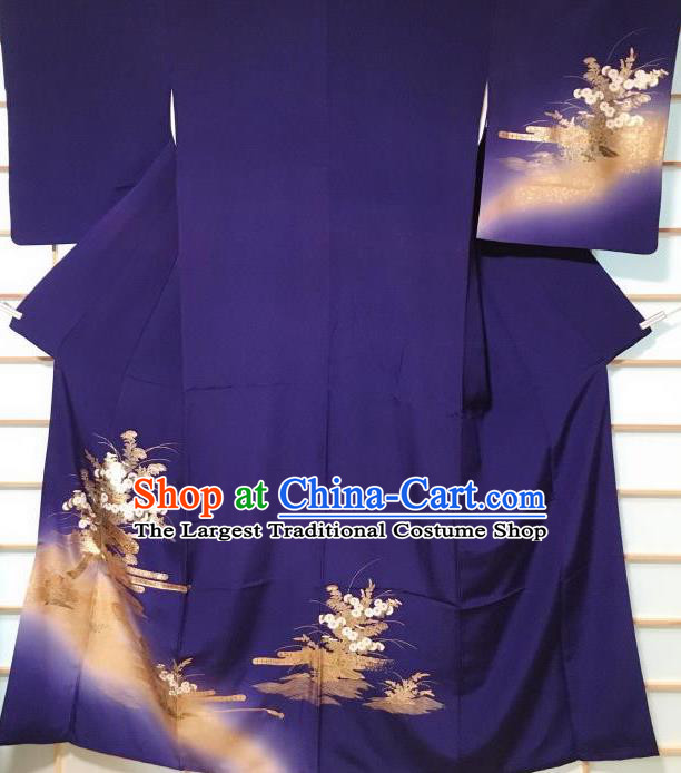 Japanese Classical Daisy Pattern Deep Blue Tsukesage Kimono Japan Traditional Yukata Dress Costume for Women