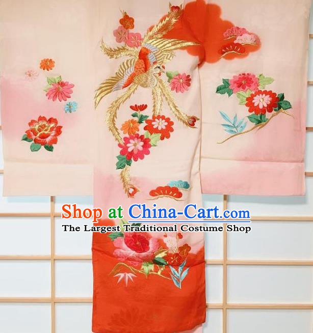 Traditional Japanese Geisha Embroidered Phoenix Chrysanthemum Pink Furisode Kimono Japan Yukata Dress Costume for Women