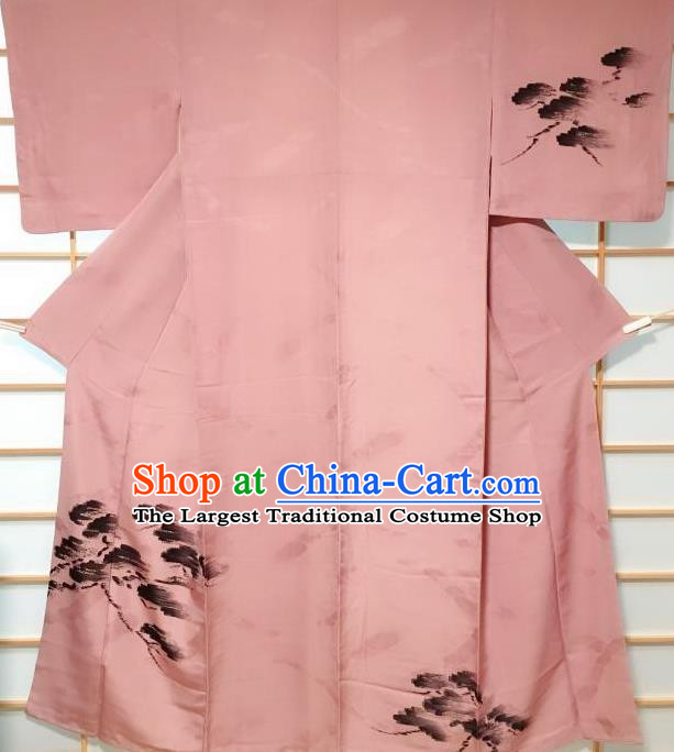 Japanese Traditional Ink Pine Pattern Deep Pink Kimono Japan Yukata Dress Costume for Women