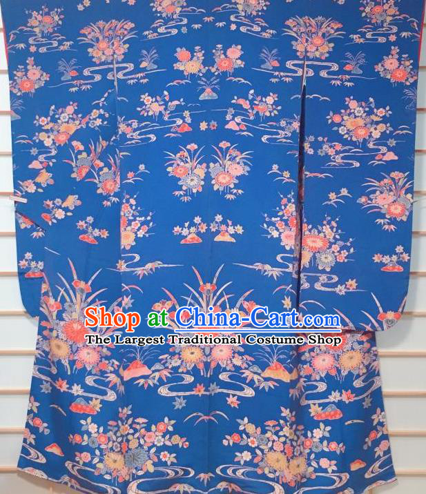 Japanese Classical Chrysanthemum Orchid Pattern Blue Furisode Kimono Japan Traditional Yukata Dress Costume for Women