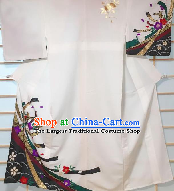 Japanese Classical Printing Sakura White Tsukesage Kimono Japan Traditional Yukata Dress Costume for Women