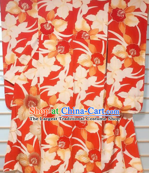 Japanese Classical Leaf Pattern Red Furisode Kimono Japan Traditional Yukata Dress Costume for Women