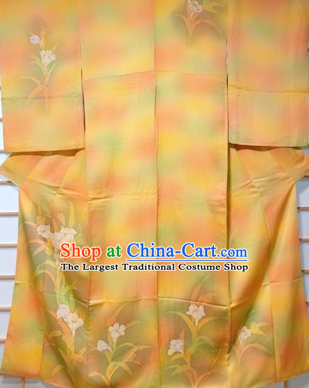 Traditional Japanese Yellow Tsukesage Kimono Japan Classical Flowers Pattern Yukata Dress Costume for Women
