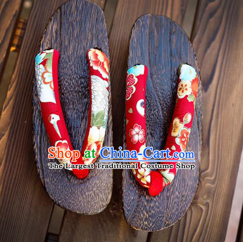 Traditional Japanese Crane Sakura Pattern Red Geta Slippers Asian Japan Clogs Shoes for Women