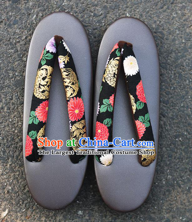 Traditional Japanese Chrysanthemum Pattern Black Zori Geta Slippers Asian Japan Clogs Shoes for Women