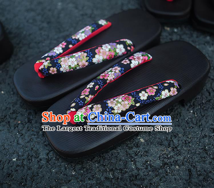 Traditional Japanese Sakura Pattern Navy Slippers Geta Asian Japan Clogs Zori Shoes for Women