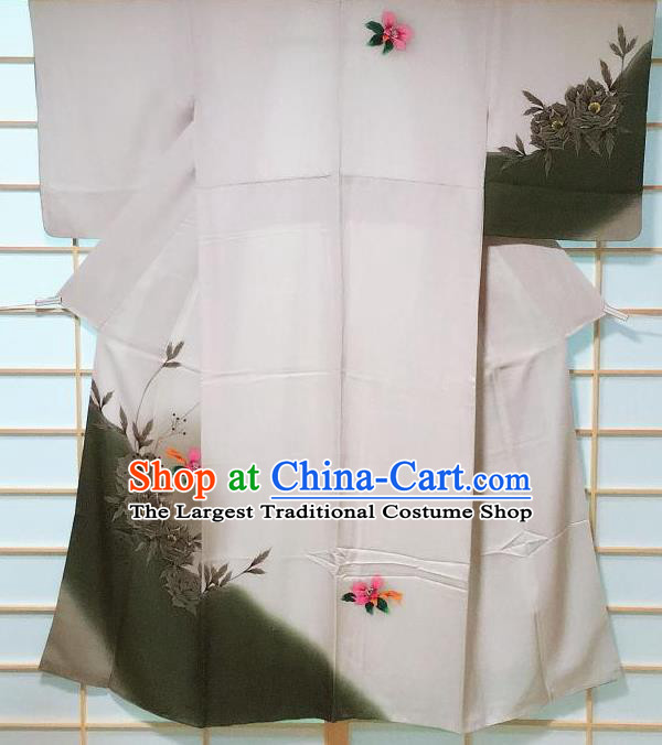 Traditional Japanese Grey Tsukesage Kimono Japan Classical Flowers Pattern Yukata Dress Costume for Women