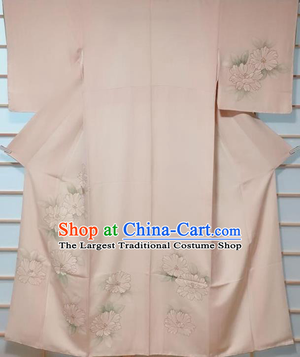Traditional Japanese Printing Beige Tsukesage Kimono Japan Classical Camellia Pattern Yukata Dress Costume for Women