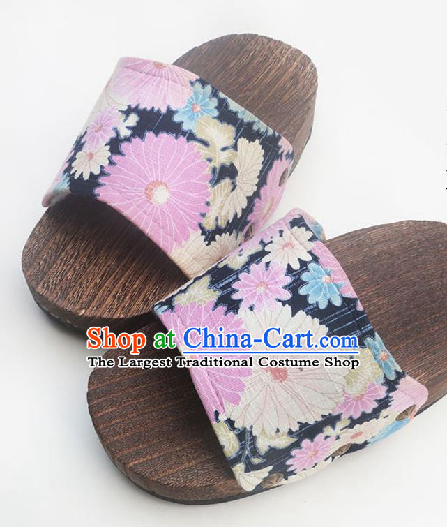 Traditional Japanese Classical Daisy Pattern Navy Clogs Wood Slippers Asian Japan Geta Shoes for Women